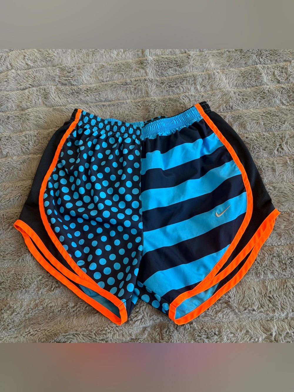 Nike Blue Athletic Shorts with Orange Drawstring and Black Polka Waist XS